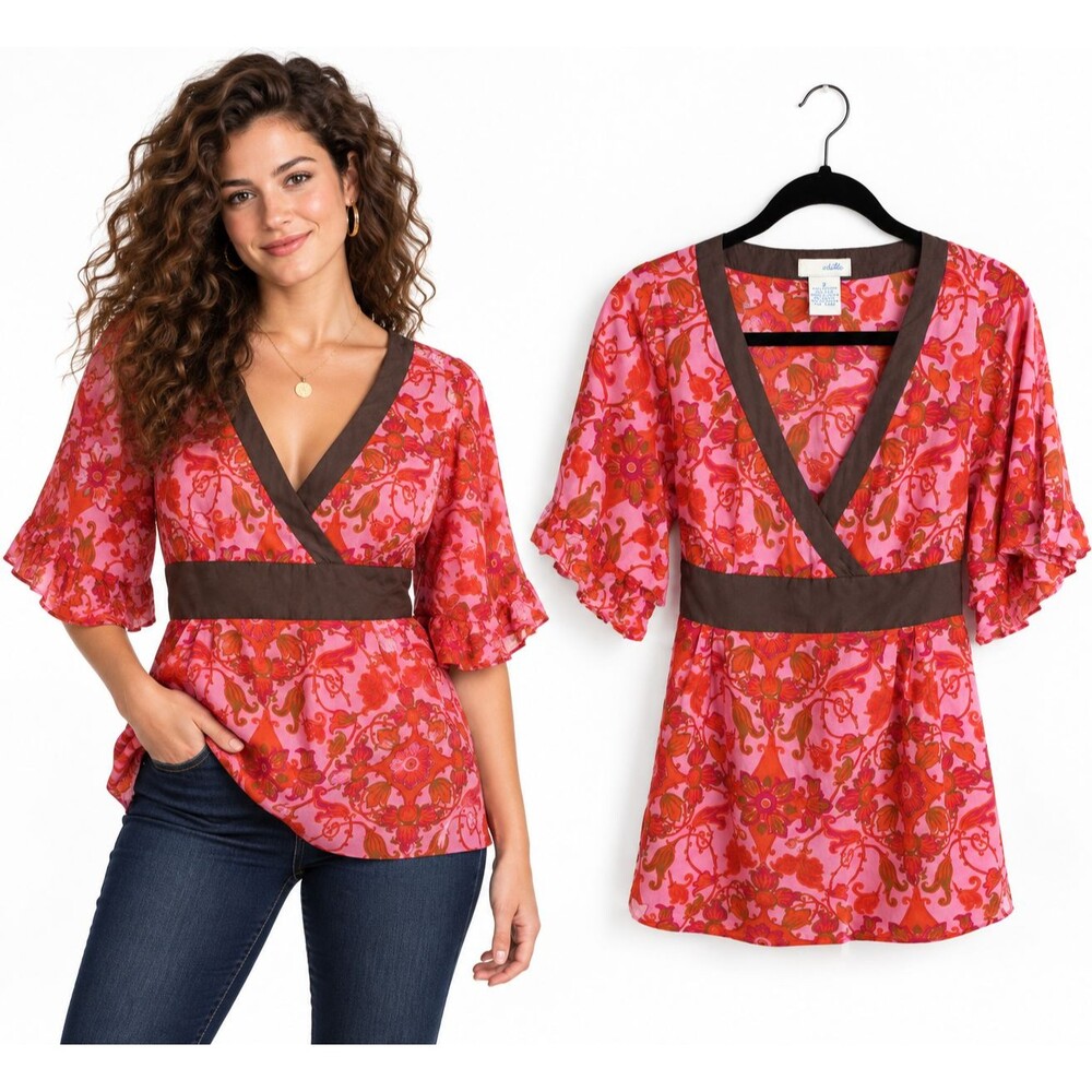 Odille Wrap Blouse Size 2 Anthropologie Boho Top Pink Floral Cotton Silk